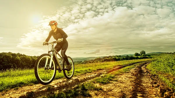 Deporte bicicleta mujer en un prado con un hermoso paisaje —  Fotos de Stock