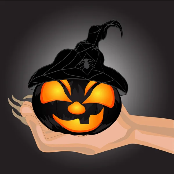 Terrible Pumpkin on hand of witch — Stock Vector