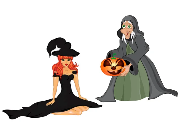 Beautiful witch with old witch — Stock Vector