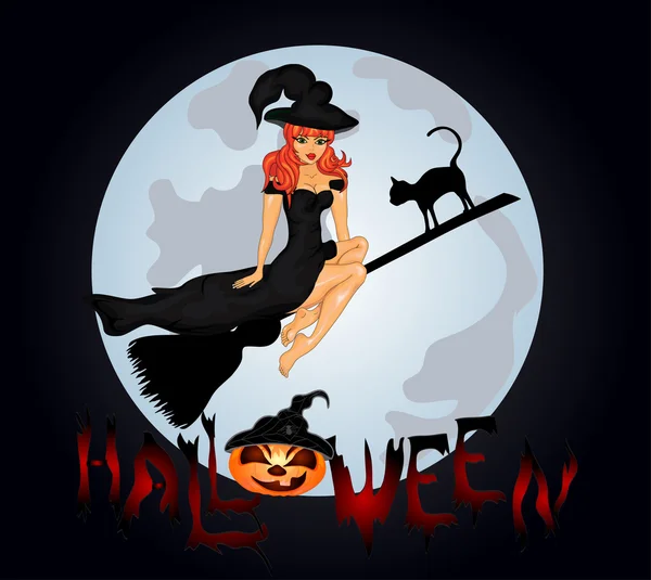 Halloween Poster con strega sulla spazzatrice — Vettoriale Stock