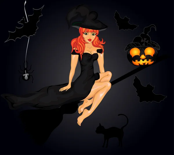 Halloween achtergrond met heks en pompoenen — Stockvector