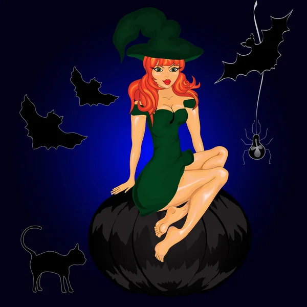 Хэллоуин фон с ведьмой и тыквами — стоковый вектор