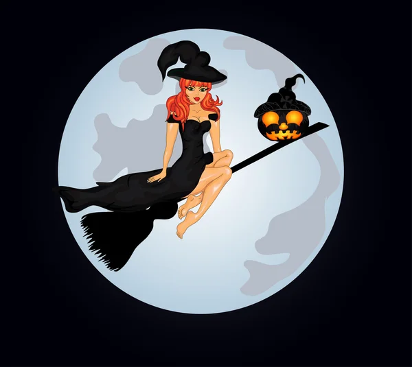 Halloween achtergrond met heks en pompoenen — Stockvector