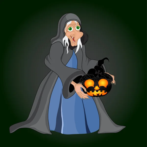 Halloween fundo com bruxa e abóboras —  Vetores de Stock