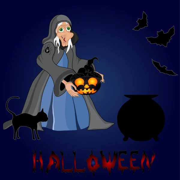 Halloween achtergrond met heks en pompoenen — Stockvector