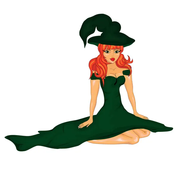 Witch in groene jurk — Stockvector