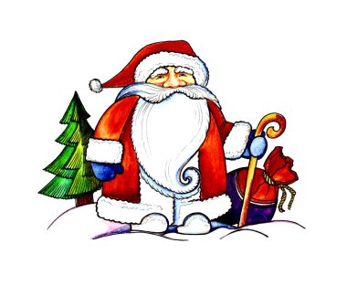 Kartlar ve davetiyeler için suluboya resimli Noel Baba kış tasarımı. Sakallı ve hediyeli kibar bir baba. Kış illüstrasyonu