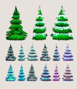 Posterler için kar unsurları altında belirlenmiş renkli Noel ağaçları kart davetiyeleri vektör çam ağacı koleksiyonu mevsimsel dekorasyon kış düz gerçekçi çam ağacı