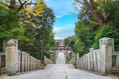 kyushu, japan - 08 Aralık 2021: Miyajidake Tapınağı 'nın kumlu yolundaki merdivenlerin üst manzarası, Torii kapılarıyla çevrili, Fukutsu' daki Shingu sahiline açılan kapı.