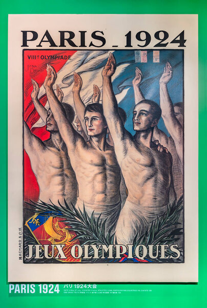 tokyo, japan - august 10 2021: French poster of Paris 1924 summer olympics games depicting athletes making Olympic salute on the French Republic flag exhibited at Olympic Agora exhibition in Coredo.