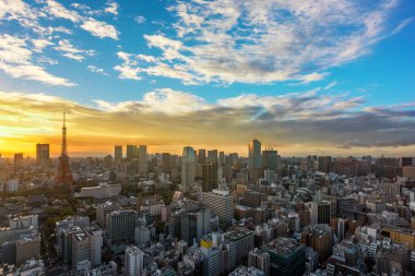 Tokyo kulesini ve Shibadaimon bölgesinin binalarının üstündeki Roppongi Hills gökdelenlerini altın saatinde gösteren gün batımının kuş bakışı görüntüsü..