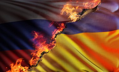 Ukrayna Cumhuriyeti 'nin ulusal bayrağını resmeden 3D kompozit çizim, Rus işgallerinin alevleri ve arka planda Rusya' nın ulusal bayrağı ile yanmıştı..