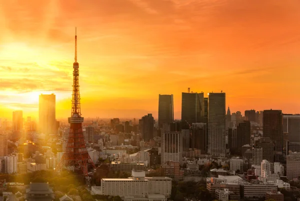 Fågelperspektiv Skildrar Vacker Orange Solnedgång Himlen Ovanför Kommersiell Stadsbild Tokyo — Stockfoto