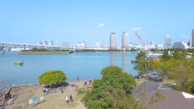 Tokyo, Japonya - 28 Ekim 2021: Odaiba Körfezi 'nin Gökkuşağı Köprüsü ve Fransa' nın 1998 'de sunduğu Özgürlük Anıtı' nın kopyası ile ilgili bir video..