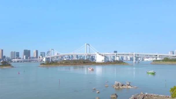 Tokyo Japonsko Října 2021 Pan Video Panorama Zálivu Odaiba Duhovým — Stock video