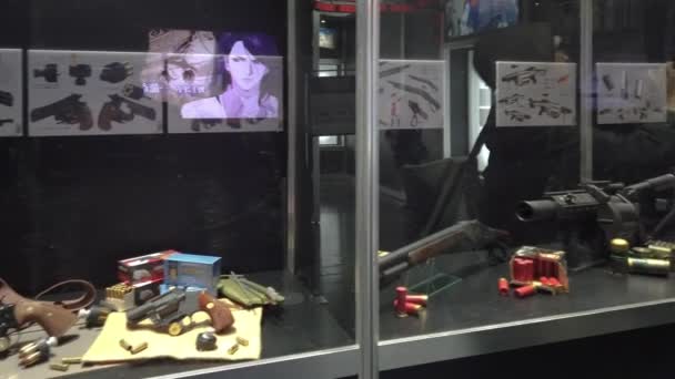 2019年11月5日 日本东京 日本动漫人物和漫画城猎人或尼克 拉森在私人展览免费摄影区使用的武器仿制枪录像 — 图库视频影像