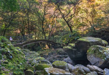 Kyushu, Japonya - 10 Aralık 2021: Yeşillik ve kayalarla çevrili Isahaya Todoroki Köprüsü, Nagasaki 'deki Sakai nehri boyunca uzanır..
