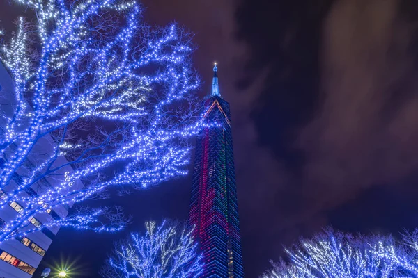 Kyushu Fukuoka December 2021 Night View Illuminated Trees Blue Lights — ストック写真