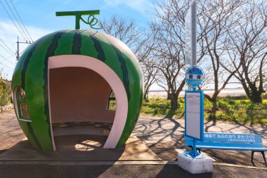 kyushu, japan - december 10 2021: Funny bus stop shaped as a giant watermelon fruit on the famous Tokimeki Fruit-shaped Bus Stop Avenue along the Highway 207 of Konagai town close to Isahaya city.