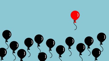Kırmızı balon ve siyah balon mavi arka plan vektöründe. Dikkat çekici kavram.