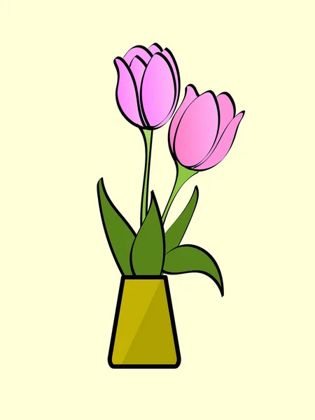Розовый Цветок Тюльпана Жёлтой Вазе Жёлтом Фоне — стоковый вектор