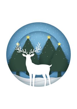 Noel ağaçlarında kar yağışı ve dairesel çerçeveli ren geyiği olan Mutlu Noeller kartı