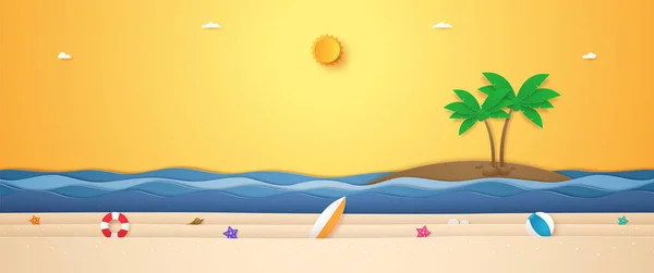 Paisaje Cocotero Isla Mar Ondulado Cosas Verano Playa Con Sol — Vector de stock