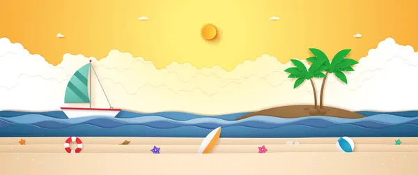 Paisaje Barco Navegando Mar Ondulado Cocotero Isla Cosas Verano Playa — Vector de stock