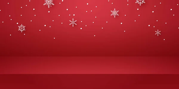 Červená Prázdná Studio Místnost Sněhem Padá Pozadí Produktu Šablony Mokup — Stockový vektor