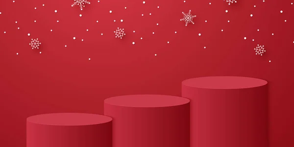 Red Cylinder Podium Snowflakes Falling Template Mockup Christmas Event — Stock Vector