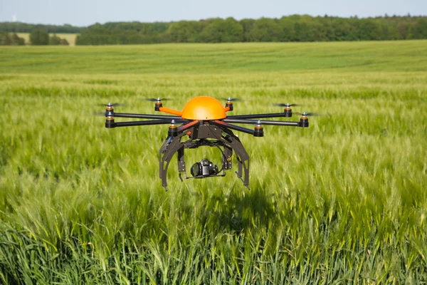 Flying drone in field — Stock Photo, Image