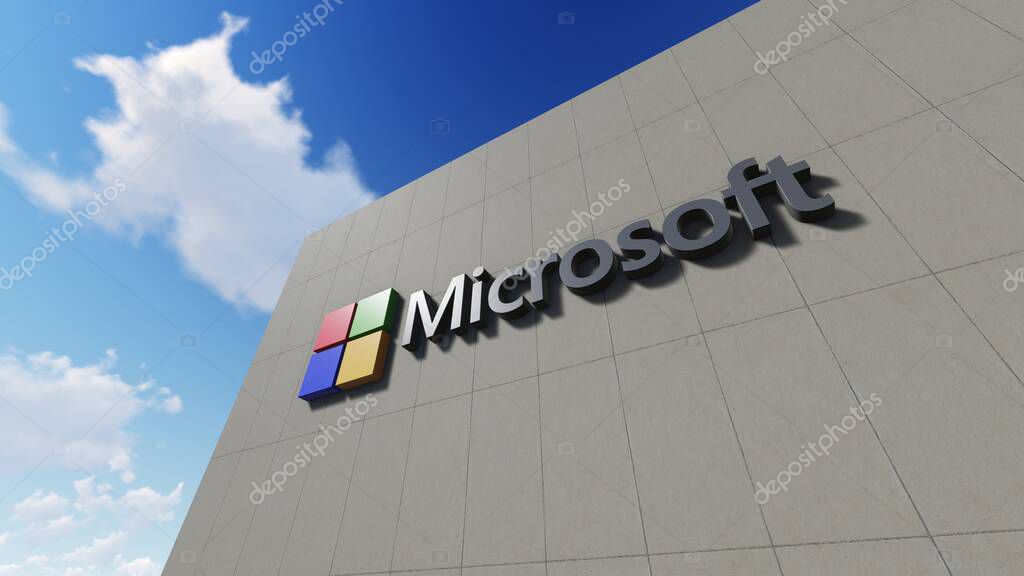 Microsoft logo on the wall, Editorial use only, 3D rendering