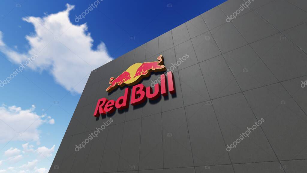 Red Bull logo on the wall, Editorial use only, 3D rendering