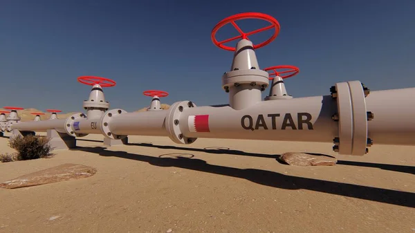 加有卡塔尔和欧盟国旗的天然气管道3D渲染 — 图库照片#