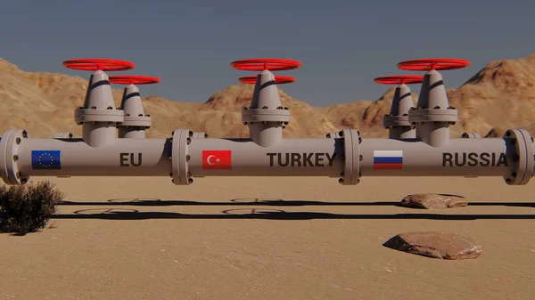 俄罗斯 土耳其和欧盟国旗的天然气管道 3D渲染 — 图库照片