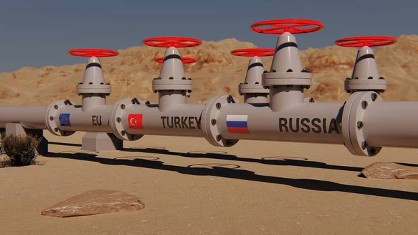 俄罗斯 土耳其和欧盟国旗的天然气管道 3D渲染 — 图库照片