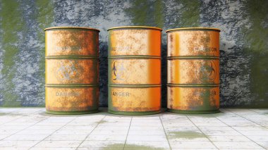 Kirli bir odada biyolojik tehlike varilleri var.