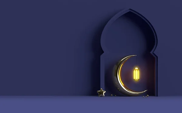带有半月3D渲染的伊斯兰斋月灯笼 — 图库照片#