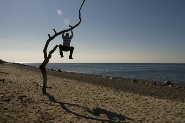 Homme accroché à un arbre — Photo