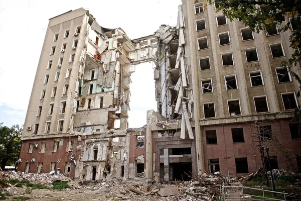 Consequences Russian Shelling City Mykolaiv Destroyed Houses Damaged Cars Stock Image