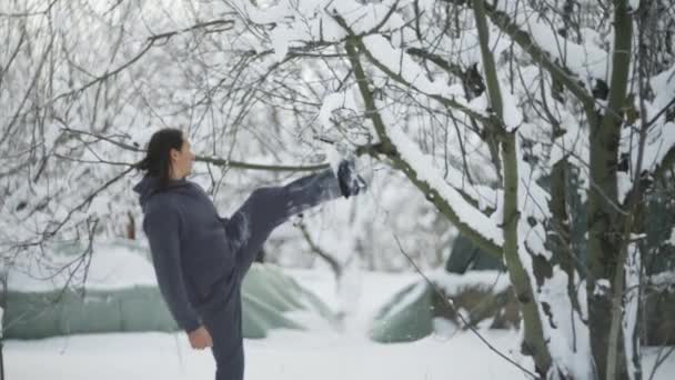 Un atleta, con el pelo largo y negro, patea un árbol, la nieve cae sobre él — Vídeos de Stock