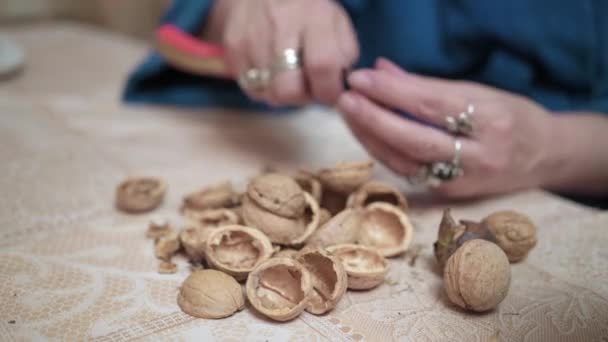 Manos femeninas, pelar las nueces de la cáscara — Vídeos de Stock