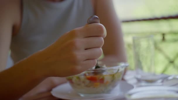Woman Eats Vegetarian Soup Vegetables Seeds Slow Motion Close High — Video Stock