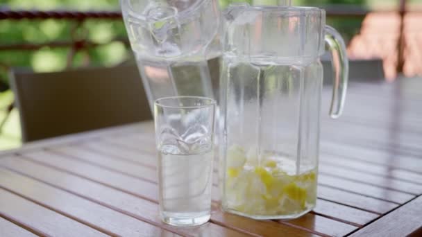 Girl Pours Water Lemon Glass Decanter Glass Slow Motion High — Stockvideo