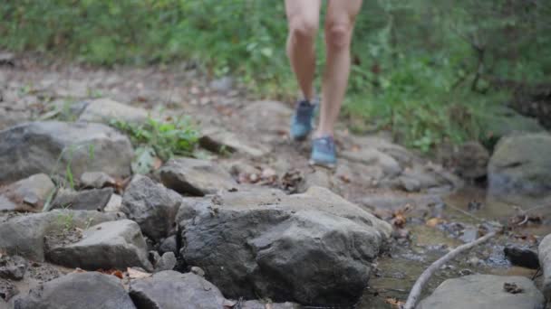 閉じる女性ハイカーの足は 川沿いの岩の上に山を登るのを開くと スローモーション 4K判の高画質撮影 — ストック動画