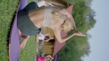 Ön planda arkadaşlarıyla birlikte sarışın bir kadın, yoga yapıyor, yazın çimlerin üzerinde egzersiz yapıyor, yavaş çekim, güneşli bir gün, dikey görüş. Yüksek kalite 4k görüntü