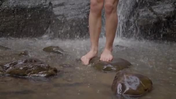 Womens Legs Close Waterfall Wet Stones Slow Motion High Quality — Stock Video