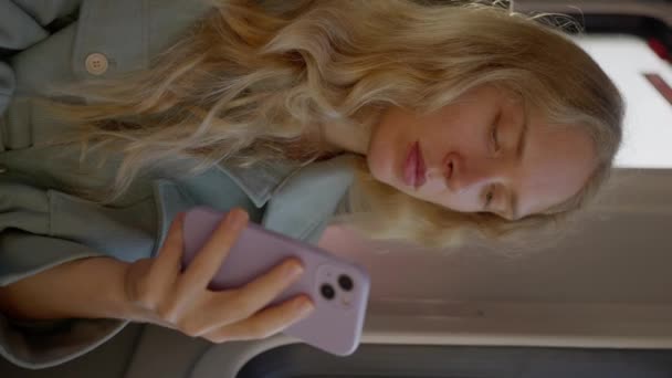 Tired Blonde Woman Train Chatting Phone Vertical View High Quality — Stock Video