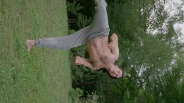 Hintli adam, uzun siyah saçlı, çıplak güçlü gövde, tekvando eğitimi, karate, açık hava, ormanda çimen, yavaş çekim, dikey video. Yüksek kalite 4k görüntü