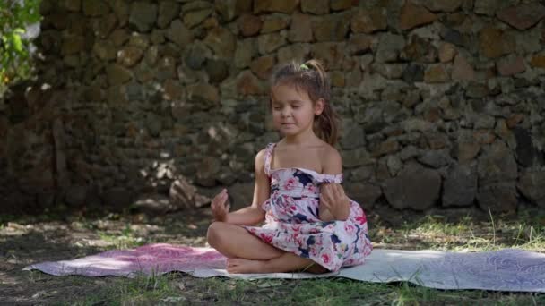 小さな美しい女の子はヨガマットの上で瞑想し 庭の夏には ハスの位置に座って 彼女は楽しさと喜び 笑顔を持っています スローモーション 高品質4K映像 — ストック動画